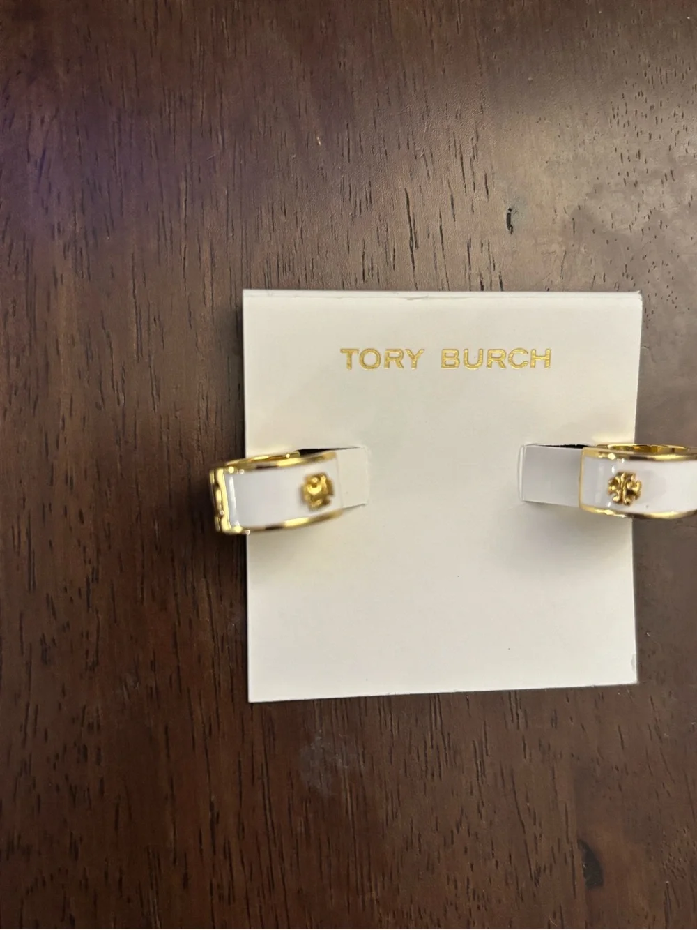 Tory Burch Shiny Gold Mini Hoop Earrings with white enamel brand new